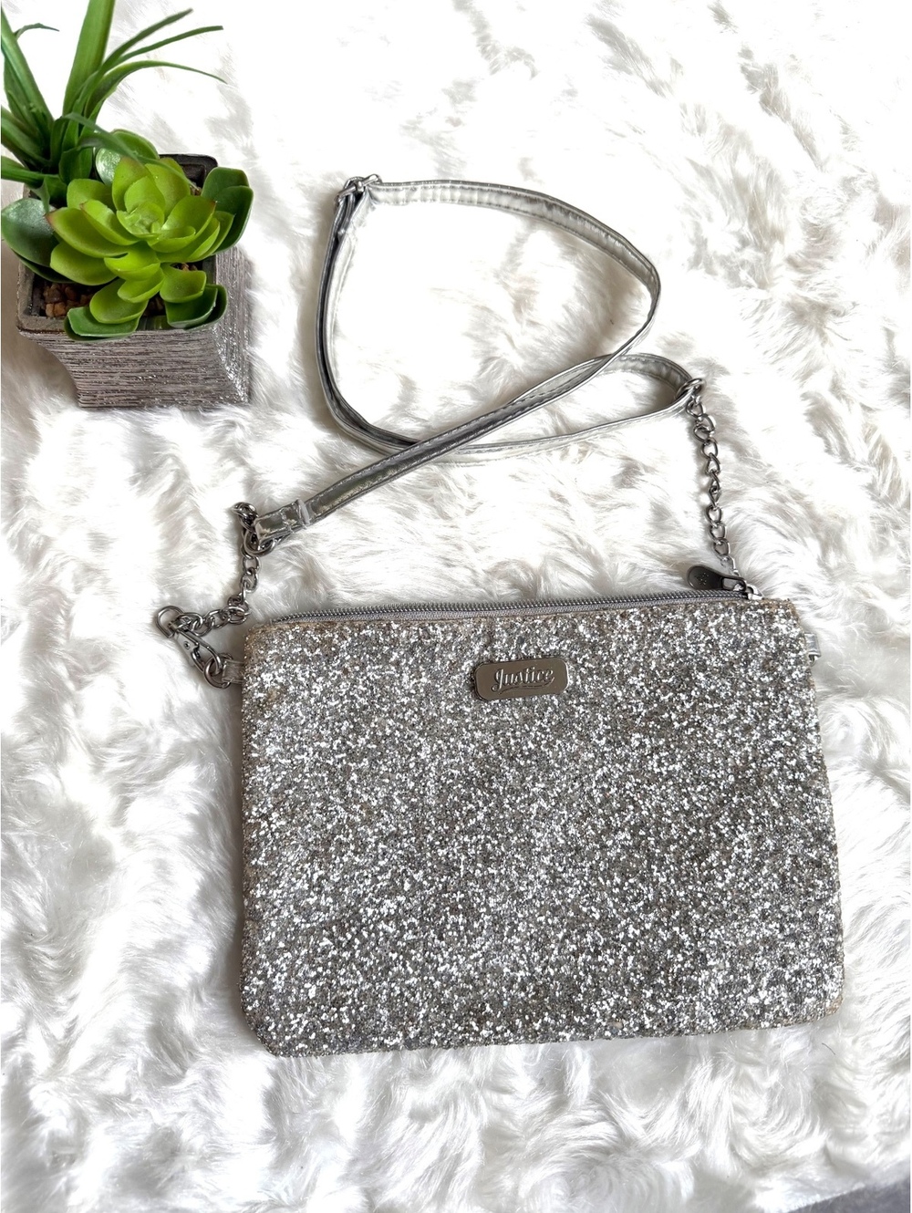 Justice Silver Glitter Crossbody Bag with Chain Strap
